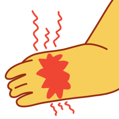 An arm with a red mark on the wrist and red zigzags radiating from the area